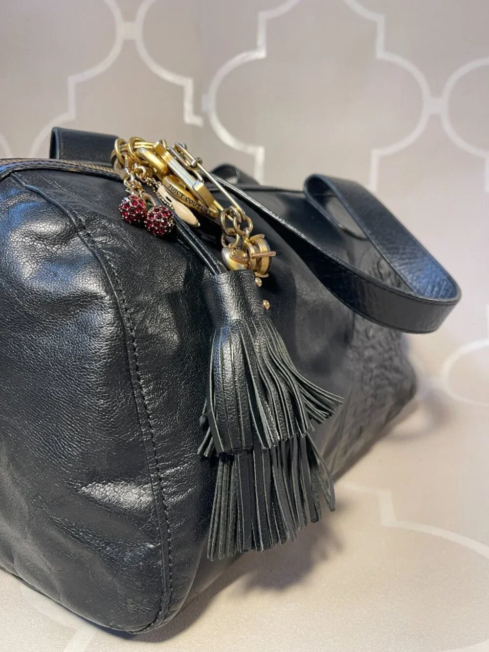 Juicy Couture Y2K Black Leather Bowling Shoulder Bag Tassel Logo Purse